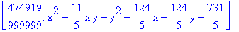 [474919/999999, x^2+11/5*x*y+y^2-124/5*x-124/5*y+731/5]